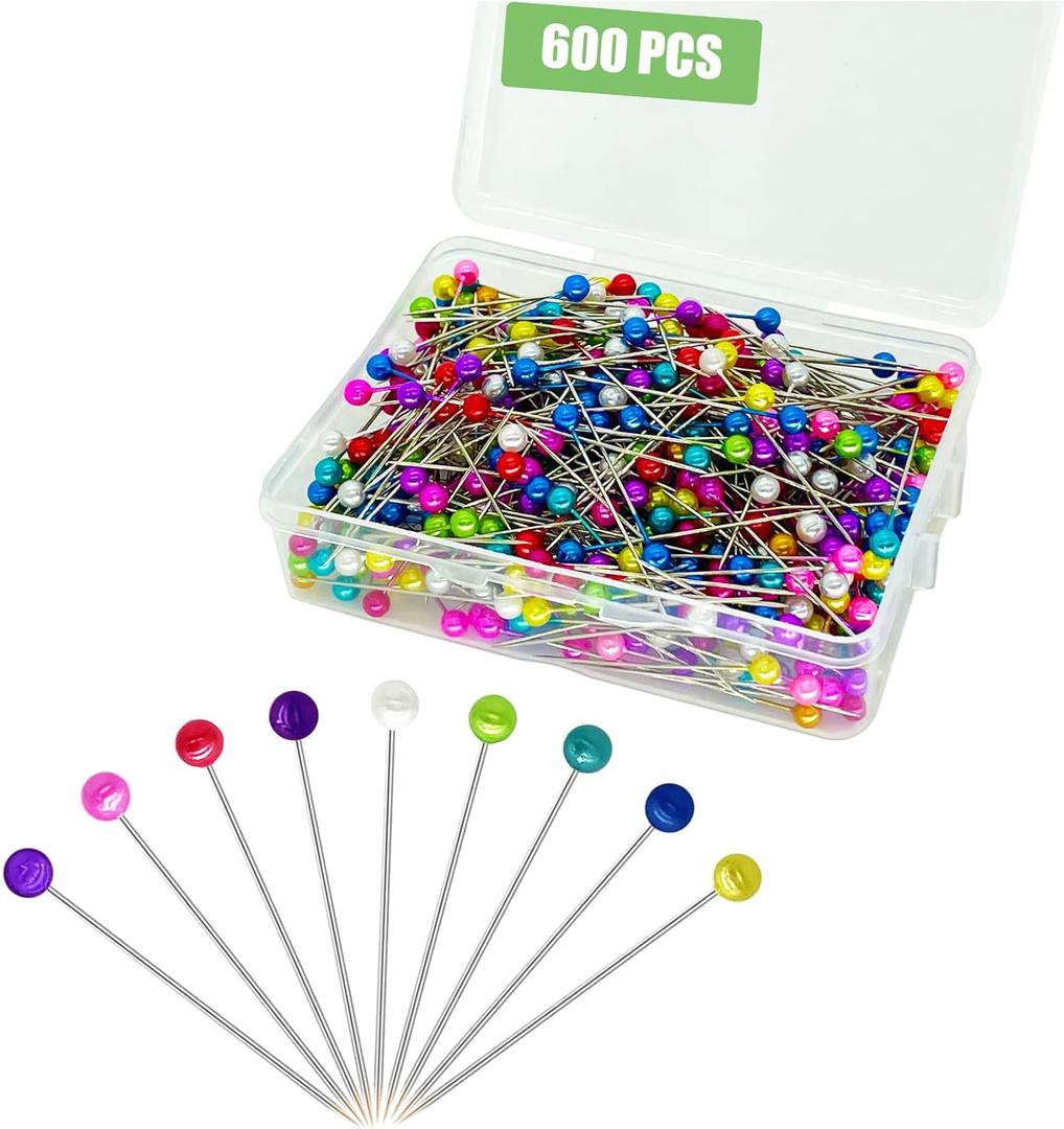 600PCS Sewing Pins Straight Pin for Fabric, Pearlized Ball Head Quilting Pins Long 1.5inch, Multicolor Corsage Stick Pin for Dressmaker, Jewelry DIY Decoration, Craft and Sewing Project