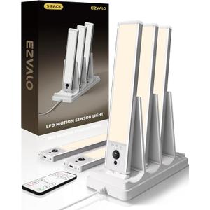 EZVALO 5-Pack Under Cabinet Lighting with Charging Station, 2400mAh Motion Sensor Light, LED Coutner Lights Wireless, 3000K Dimmable, Timer, Magnetic, with Remote Control for Kitchen, Closet, Stair