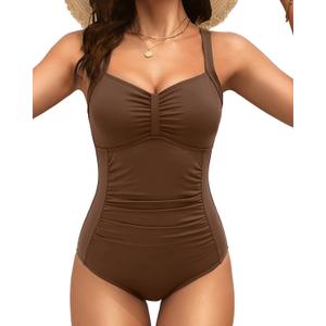 Tempt Me Women Ruched Slimming One Piece Swimsuits Tummy Control Vintage Bathing Suits (Large, Brown)