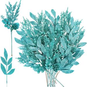 Winlyn 24 Pcs Christmas Artificial Leaf Sprays Pine Needles Pinecone Berries Stems Teal Glittered Christmas Decoration Picks 12.2"- 14.2" Tall for Wreath Teal Christmas Tree Centerpiece DIY Crafts