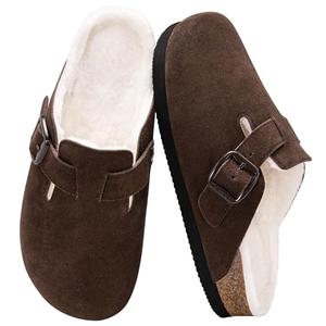 Fuzzy Suede Clogs for Women Fur Lined Leather Mules Soft Non Slip Potato Shoes with Arch Support Coffee 41