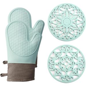 Oven Mitts and Pot Holders Sets, Silicone Heat Resistant 600F, Soft Lining Good Grip, Oven Gloves and Trivet Mats 4 Piece Set, Aqua Sky