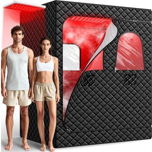 2 Person Infrared Sauna Box for Home, Portable Steam Sauna with 660nm Red Light Therapy Lamp, 5-Layer Waterproof, 2 Steamers, 2 Folding Chair