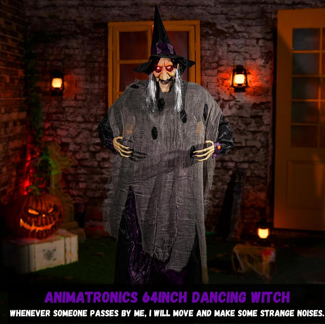 ELAMAS Animatronics 64 inch Dancing Witch Halloween Decorations - Sound Activated with Creepy Sound, Spooky Move, Light Up Eyes, Haunted House Scary Decor Horror Prop for Indoor, Outdoor, Yard Lawn
