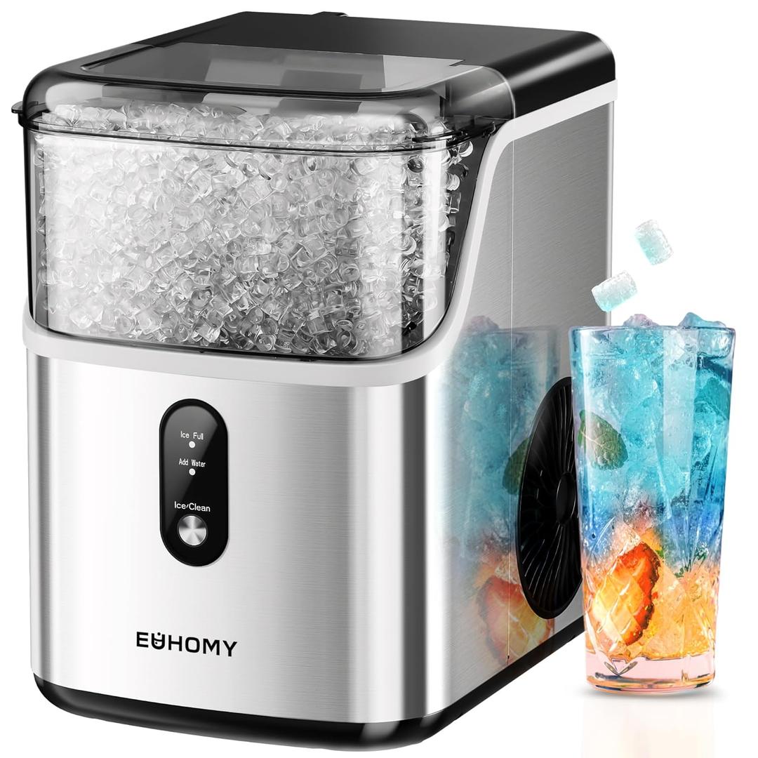 EUHOMY Nugget Ice Makers Countertop, Pebble Ice Maker Machine with 35lbs/24H Soft Ice, Self-Cleaning Sonic Ice Maker with Ice Scoop&Basket, Pellet Ice Maker for Home/Kitchen/Office(Stainless Steels) (35LBS/Day, Silver)