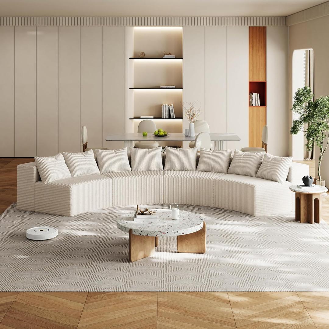 KEIKI Corduroy Curved Sectional Sofa, 4 Seater Symmetrical Modular Semi Circular Couch, Deep Seat Tufted Corner Sofa for Living Room, Lobby, Beige