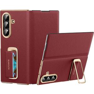 Magnetic Leather Case for Samsung Galaxy Z Fold 7 with Rotating Kickstand & Wrist Strap, Premium Vegan Leather & Full Hinge Camera Protection, All-Around Shockproof Protection Cover, Red
