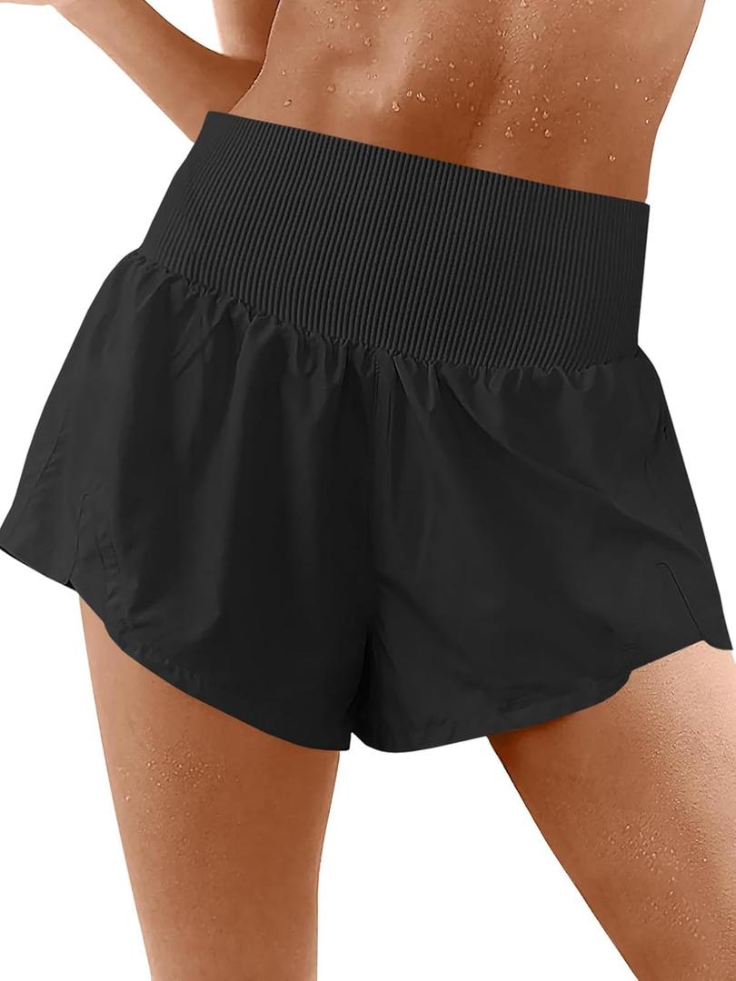 Fisoew Womens Running Shorts Workout Elastic High Waisted Loose Fit 2 in 1 Gym Yoga Biker Shorts (Black)