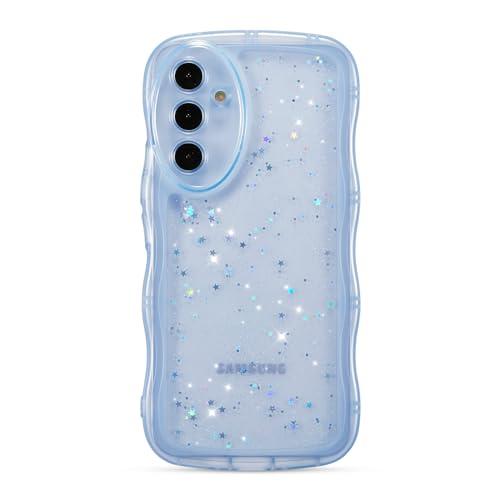 ZTOFERA for Samsung Galaxy A25 5G Case 6.5",Cute Curly Wave Case with Star Glitter,Clear Shiny Bling Soft TPU Shockproof Phone Protective Cover for Women Girls-Blue