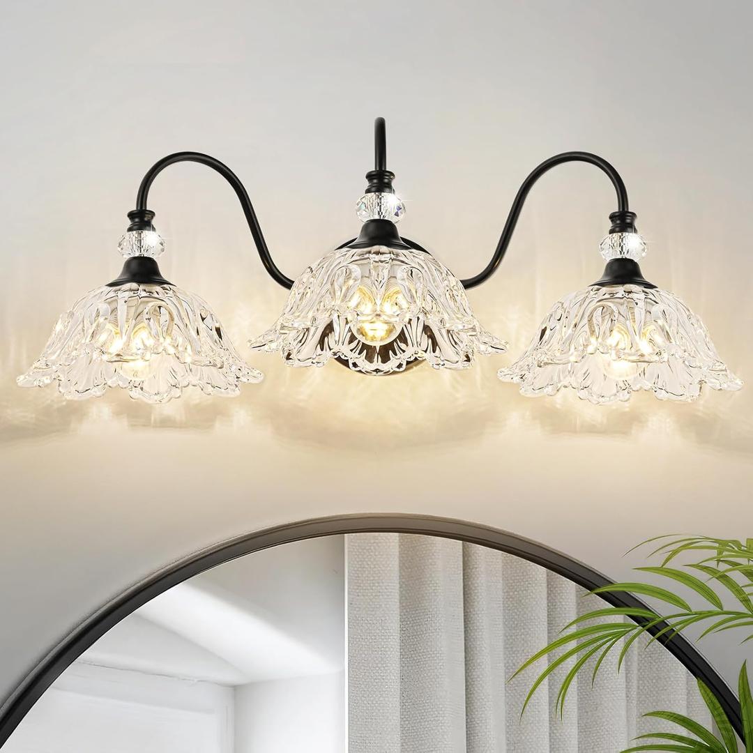 Black Bathroom Vanity Light,3-Light Vanity Light with Crystal Glass Shades,Vintage Farmhouse Vanity Lighting for Bathroom and Dressing Table