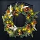 Christmas Wreaths for Front Door 20Inch Christmas Wreath with 50 LED Lights Xmas Door Decorations Wreath with Pinecone for Outdoor Indoor Holiday Home Decoration Xmas Decor Pre-Lit Artificial Wreaths (Gold)