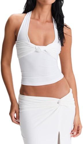 FOMOYUU Women's Y2K Sexy Halter Tops Knot Front Sleeveless Crop Tank Top Slim Fitted Backless Tanks Summer Going Out Vest S