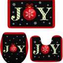 Christmas Bathroom Rugs and Mats Sets 3 Piece Joy Christmas Balls Bath Sets Non Slip Bath Rug Set with U Shape Rug Snowflake Red Black Stripe Contour Toilet Rug for Bathroom Floor Xmas Small Size (18"x30"+14"x18"+15"x18"Small)
