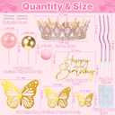 Crown Cake Topper, Pink & Rose Gold Crown Balls Happy Birthday Cake Toppers Candles Butterfly, Corona Para Pastel, Crown Cake Decorations for Women Queen Princess (Rose Gold, Jelly Pink)