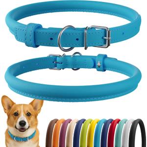 CollarDirect Rolled Leather Dog Collar, Soft Padded Round Puppy Collar, Handmade Genuine Leather Collar Dog Small Large Cat Collars 13 Colors (13-16 Inch, Light Blue Smooth)