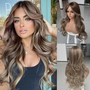 Long Wavy Layered Wig Highlight Honey Blonde Mixd Golden Brown Wigs with Curtain Bangs for Black White Women Synthetic Long Stright Ombre Light Brown Butterfly Haircut 24inch