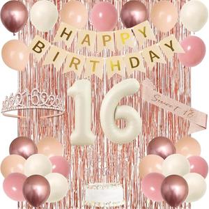 Trgowaul Retro Blush Pink Sweet 16th Birthday Decorations for Girls, Banner, 16th Sash and Crown, Cake Topper, Cream 16 Number Balloon, Fringe Curtains, Rose Gold Pink Boho Birthday Party Supplies