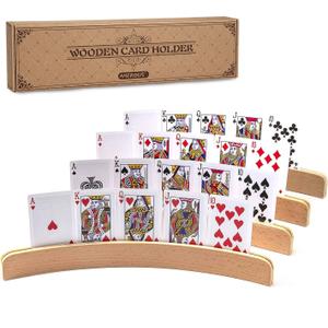 AMEROUS Wooden Playing Card Holders for Kids Seniors Adults, Long Enough Curved Wood Tray Rack Organizer for Card Game (Set of 4)