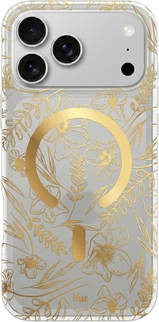 LONLI Hue for iPhone 17 Pro Max Case - Golden Floral Shockproof Magnetic Phone Cover - [Compatible with Magsafe] - Elegant, Unique and Aesthetic for Women and Girls