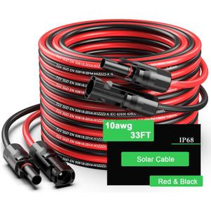 33Ft Solar Panels Extension Cables, 6mm PV Cable with Male and Female Connectors, IP68 Waterproof, 10AWG Solar Wire