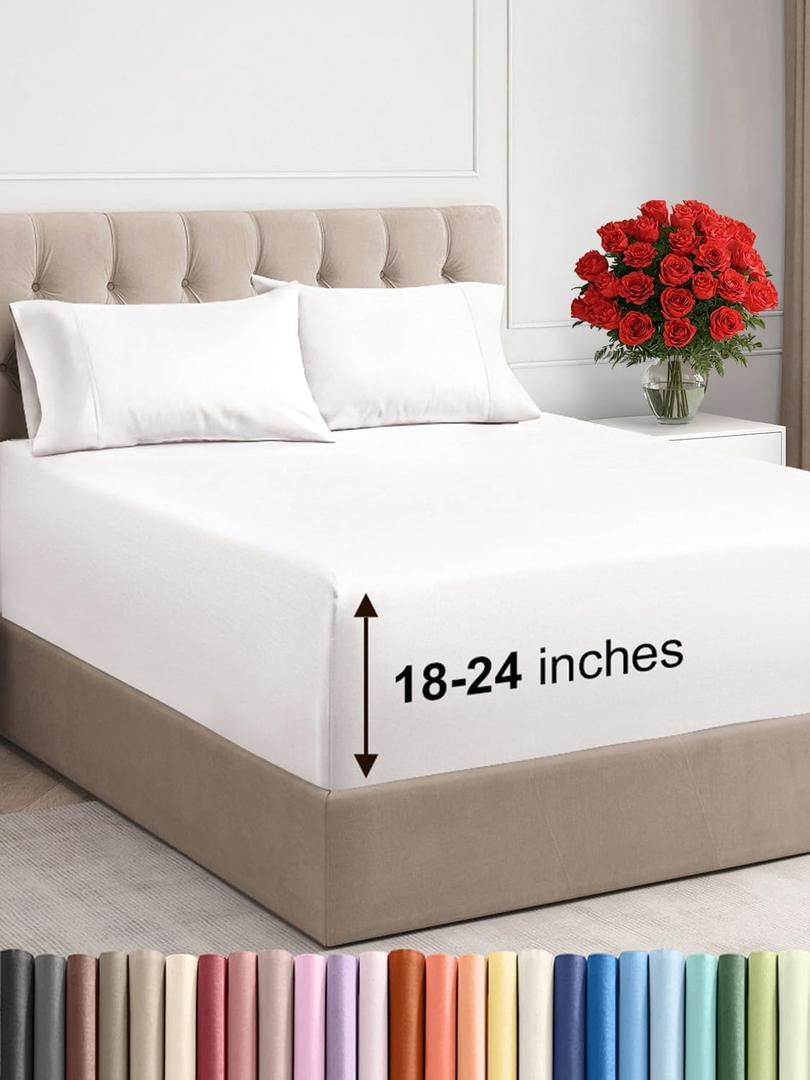 Extra Deep Pocket Queen Sheet Set - 4 Piece Breathable & Cooling Bed Sheets - Hotel Luxury Sheet Set - Soft, Wrinkle Free & Comfy - Easily Fits Extra Deep Mattresses - Deep Pocket Antique White Sheets