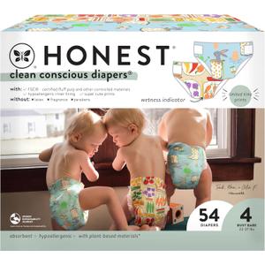The Honest Company Clean Conscious Diapers for Sensitive Skin | Hypoallergenic, Fragrance Free | Spring '25 Limited Edition Prints | Club Box, Size 4 (22-37 lbs), 54 Count