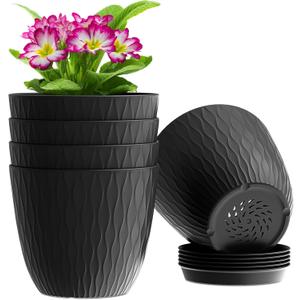 WSMKSZ 6 inch Plant Pots, 5 Pack Flower Pots with Drainage Holes and Saucers for Indoor Plants, Plastic Planters with Water Ripple for Small Garden House Plants, Nursery Pots for Succulent, Black