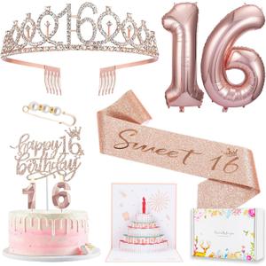 Sweet 16 Birthday Party Decorations for Girls, Sweet 16 Sash and Tiara, Pop up Card, Cake Toppers, Number Candles and Balloons, 16th Birthday Gifts for Girls