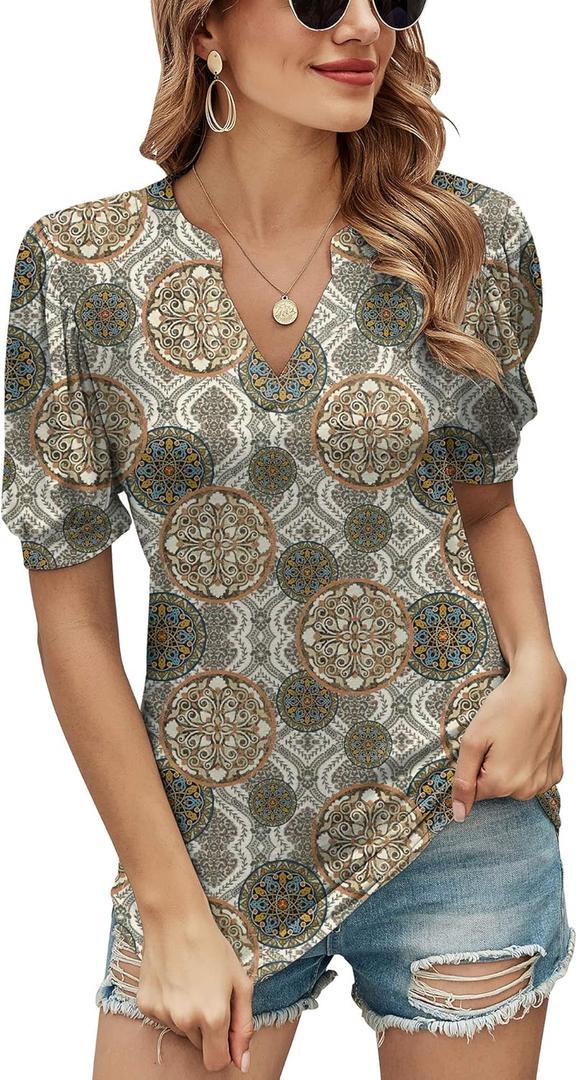 Romanstii Women Casual V-Neck T-Shirts Loose Puff Short Sleeve Tops Tunic Blouses (M)