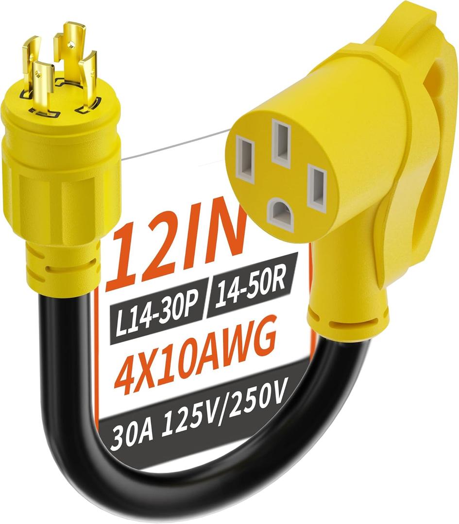 4 Prong 30 Amp to 50 Amp RV Generator Adapter Cord, NEMA L14-30 Twist Lock Male Plug to NEMA 14-50 Female Plug, 12 Inch(1 FT) 10 Gauge STW Power Cord, Max 30A 125V/250V, Yellow, ETL Listed