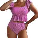 MakeMeChic Women's 2 Piece Bathing Suits Striped Ruffle Trim High Waisted Bikini Swimsui, Size L