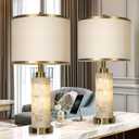 Natural Alabaster Nightstand Lamp Set of 2 with Night Light USB Ports Table Lamp with Linen Shade Bedside Lamp for Living Room Bedroom Home Office Hotel Bar House (Golden Colored-1)