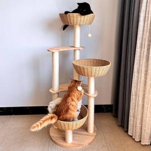 54" Modern Cat Tree Tower for Indoor Cats, Oak Cat Scratching Tree for Multiple Large Cats, Manual Hand Woven Luxury Cat Condo, Unique High-end Design Cat Furniture Activity Centre, Easy Clean