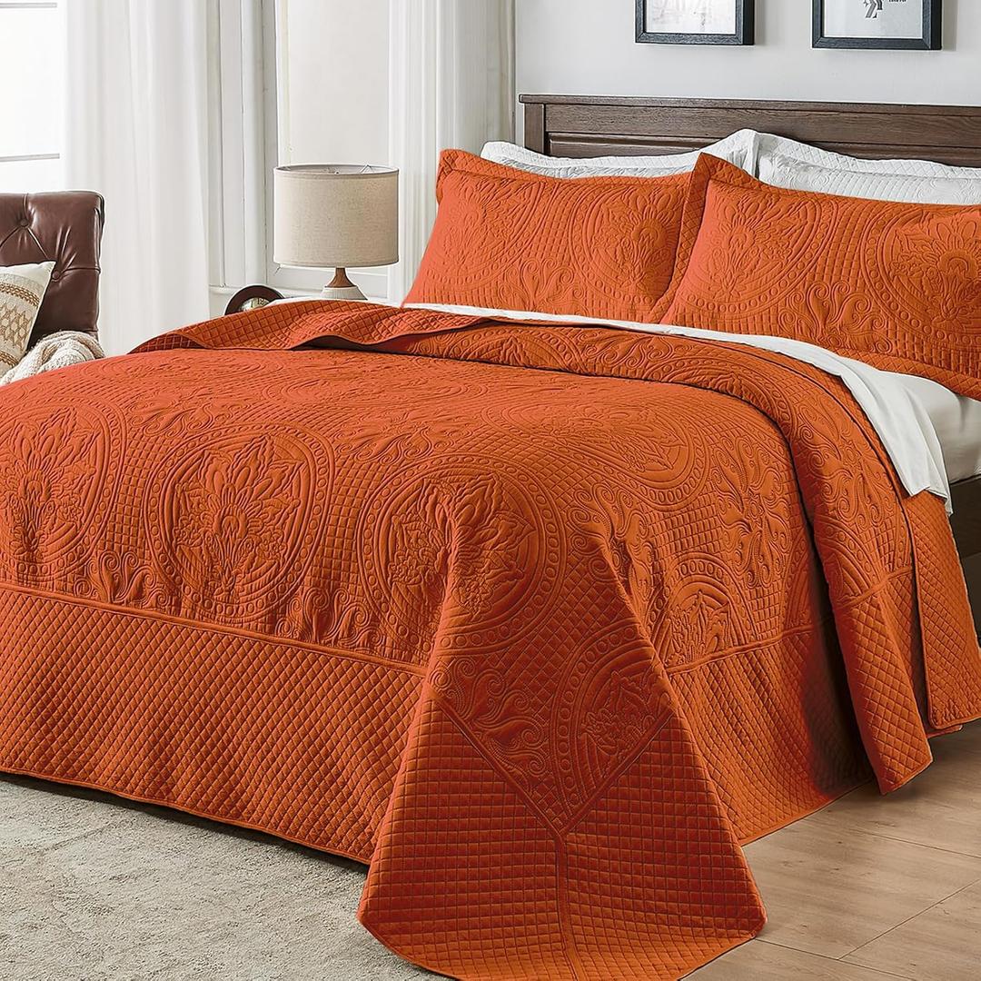 Qucover Alaska King Bedspread, Extra Wide Oversized King Bedspread 132x 120, 3 Piece Soft Microfiber Lightweight Oversized King Quilts Set, Vintage Persian Pattern, Burnt Orange