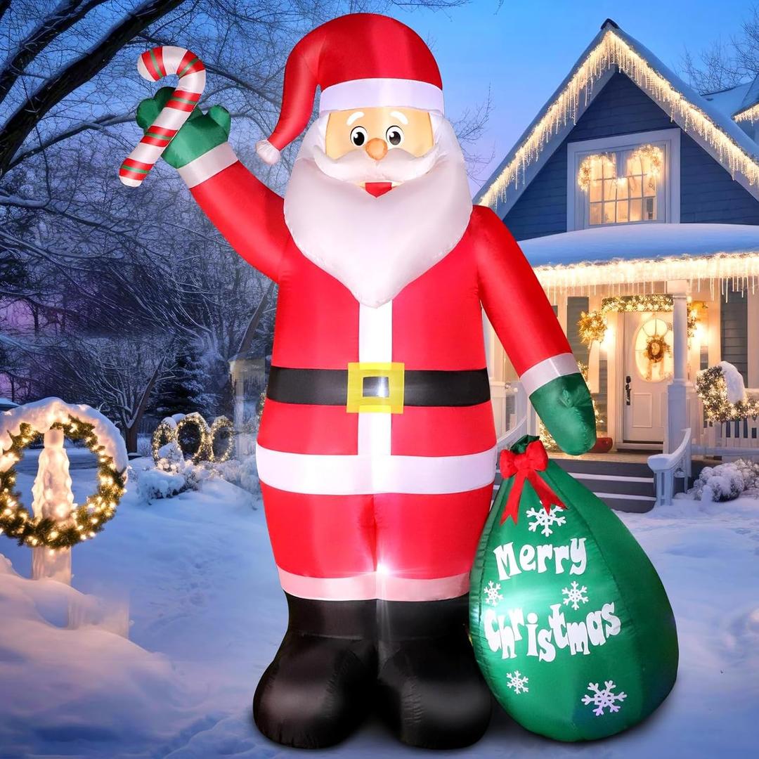 8 FT Christmas Inflatable Santa Claus with Candy and Big Gift Bag Outdoor Decor, Blow Up IP44 Weatherproof Xmas Decorations for Yard, Built-in LED Light for Garden Lawn Indoor Winter Holiday