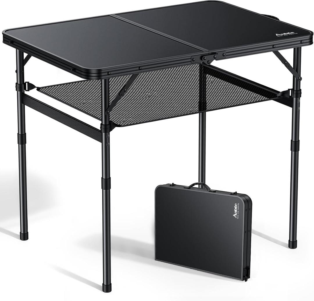 Anbte Folding Camping Table, 36" x 24" Portable Table Adjustable Height Max 28 inch Aluminum Folding Table with Storage Net, Lightweight, Portable Handle for Travel, Outdoor, Backyard (Black)
