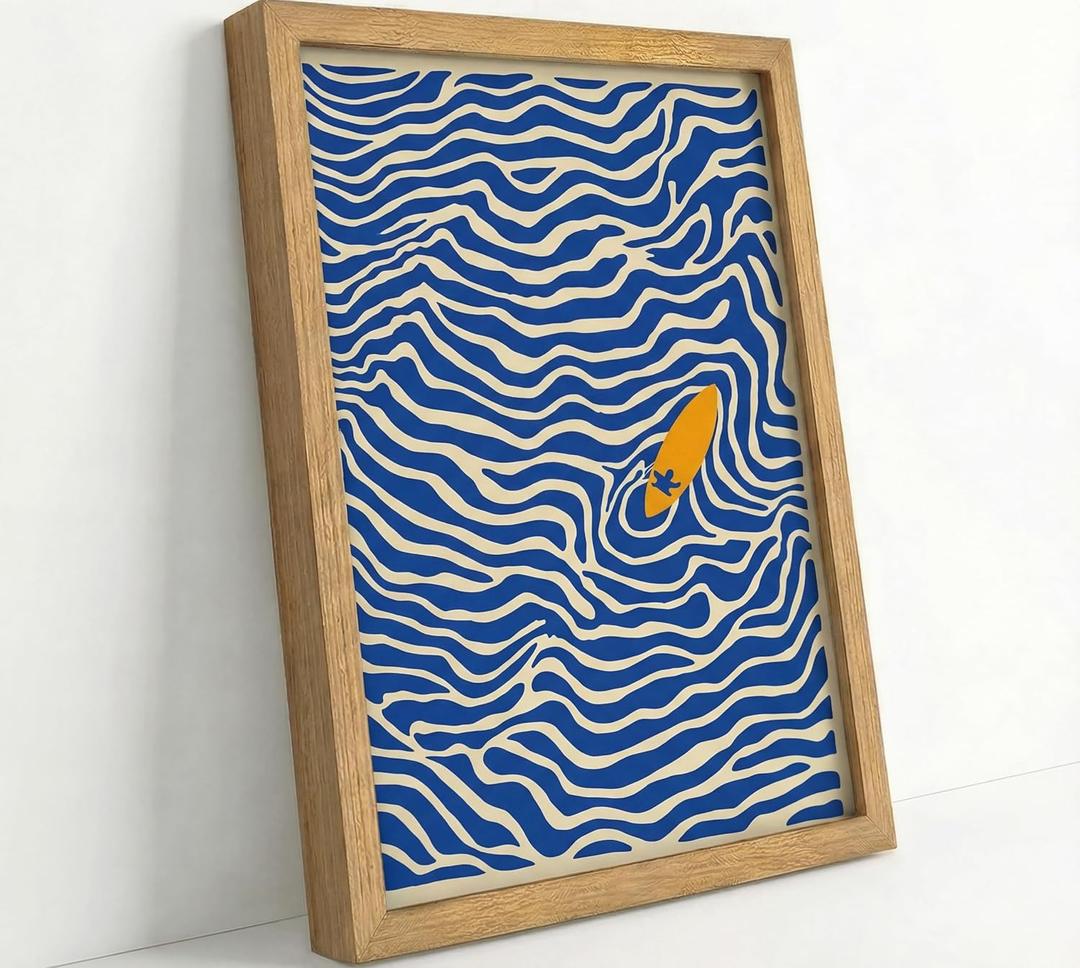 Framed Abstract Ocean Wave Wall Art 8x10 Coastal Wall Decor Picture Modern Minimalist Surfboard Print Beach Theme Picture for Bathroom Bedroom Living Room Ready to Hang Natural Wood Frame