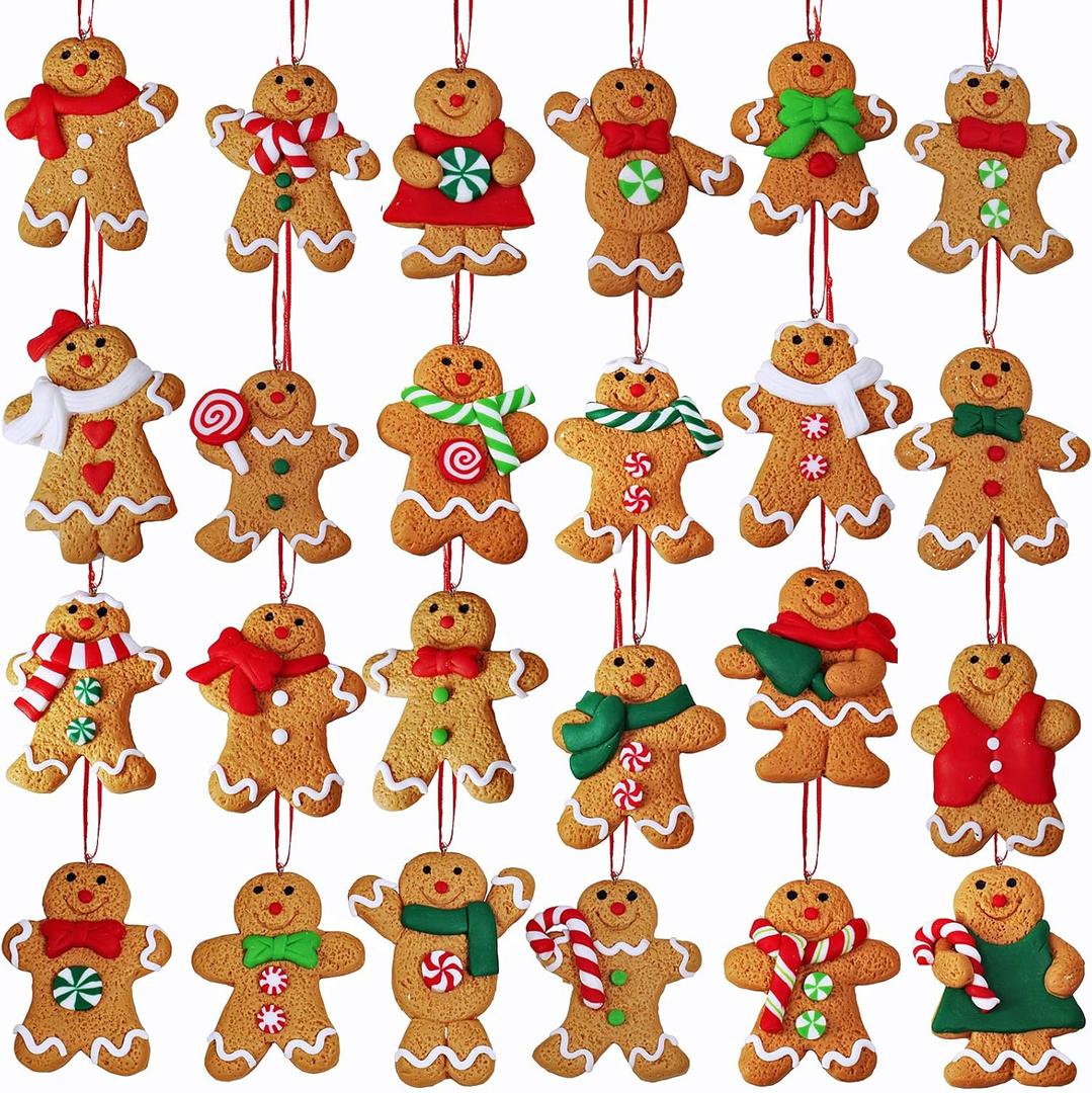 Winlyn Set of 24 Christmas Gingerbread Ornaments - Clay Figurine Gingerbread Family Dolls & Gingerman Hanging Tree Ornaments for Gift, Holiday Stocking Stuffers, Tree Wreath Mantel Decor