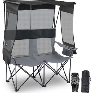 Double Camping Lawn Chair with Canopy Shade, 2 Person Seater Outdoor Sport Folding Loveseat with Cooler Cup Holder Bag Black Gray Mesh Backrest Heavy Duty Steel Frame Couch for Beach Fishing Double Camping Lawn Chair with Canopy Shade, 2 Person Seater Outdoor Sport Folding Loveseat with Cooler Cup Holder Bag Black Gray Mesh Backrest Heavy Duty Steel Frame Couch for Beach Fishing