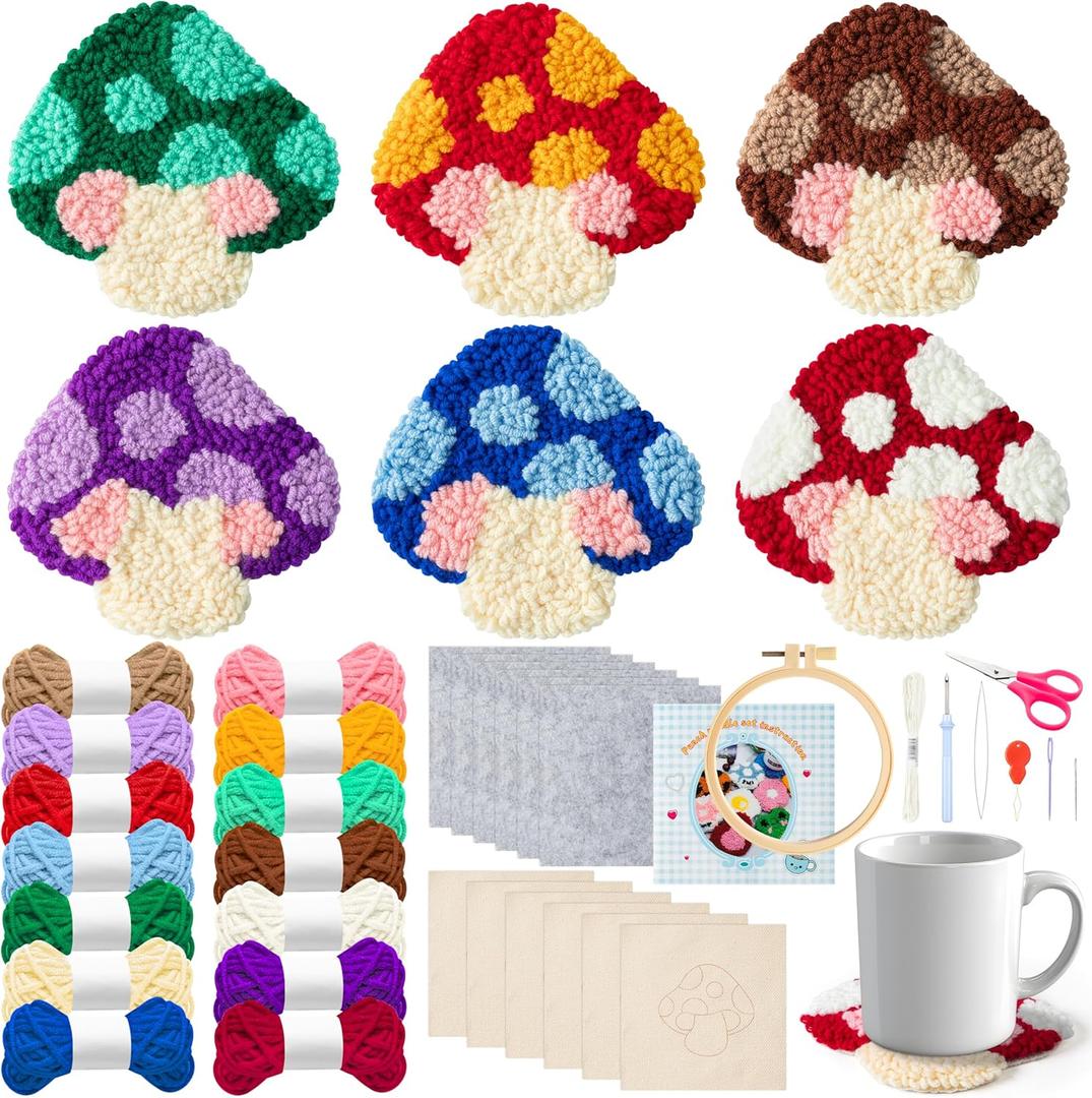 WATINC Punch Needle Coaster Kit - 22PCS Easy Art Work Decor Coasters Kits for Beginners DIY Mushroom Pattern Tufted Rug Pads with Adhesive Felt Yarns Embroidery Hoop Instruction 6 Set