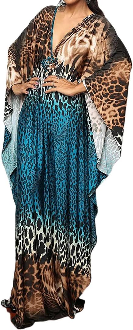 Bsubseach Women Ethnic Print Kaftan Beach Dress Plus Size Swimsuit Cover Up (Blue Coffee Leopard)