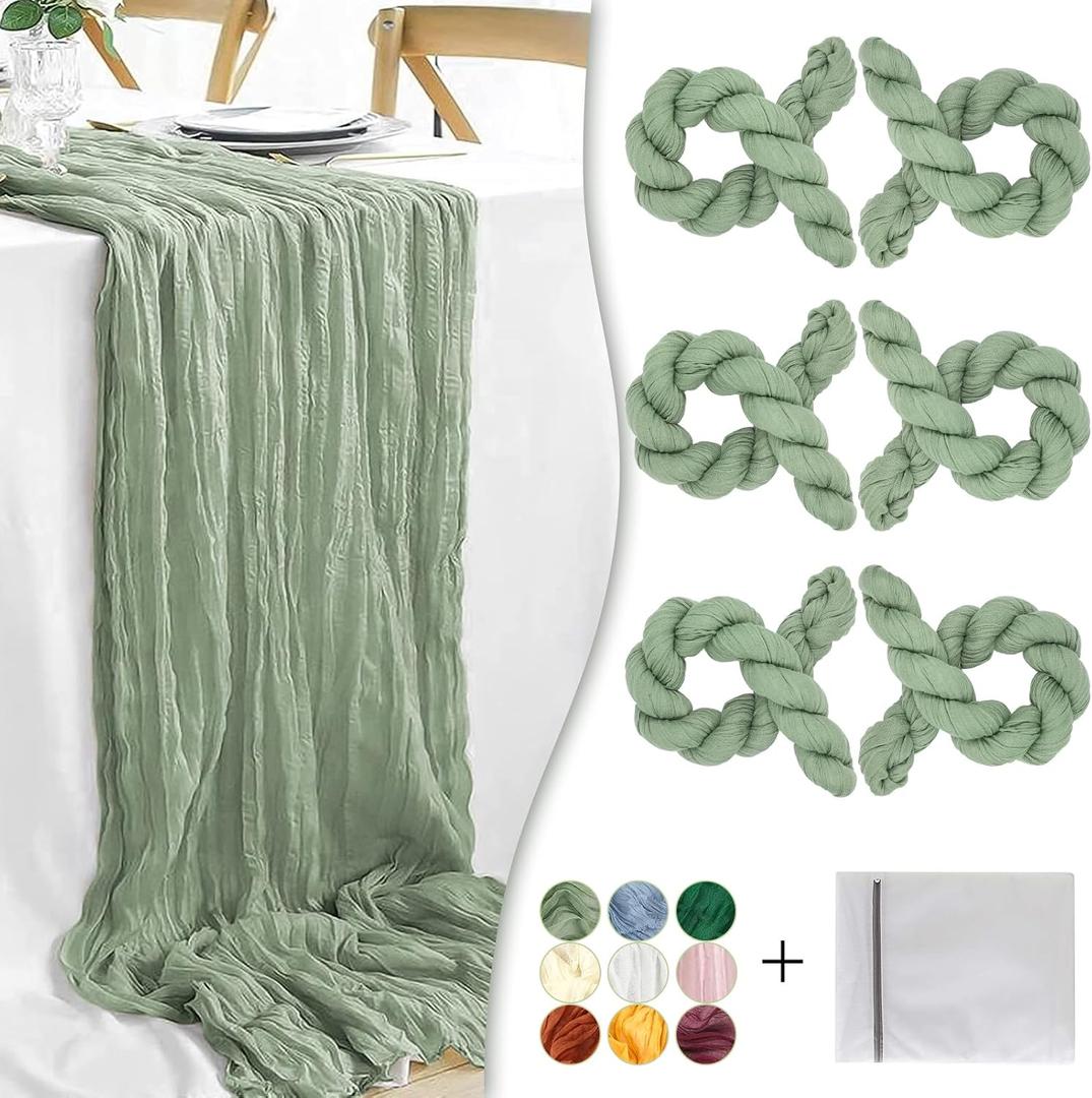 Sage Green Cheesecloth Table Runner, 6 Pack 35" Boho Gauze Runner 120 inches Long Sheer Rustic Table Runner Fabric Bulk for Baby Shower Wedding Bridal Birthday Party Table Decorations