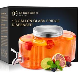 Glass Drink Dispenser for Fridge - 100% Leakproof Stainless Steel Spigot - Liquid Laundry Detergent Dispenser, Punch Bowl Beverage Dispenser for Parties, Water Dispenser Countertop, 5L Jug 1.32 Gallon