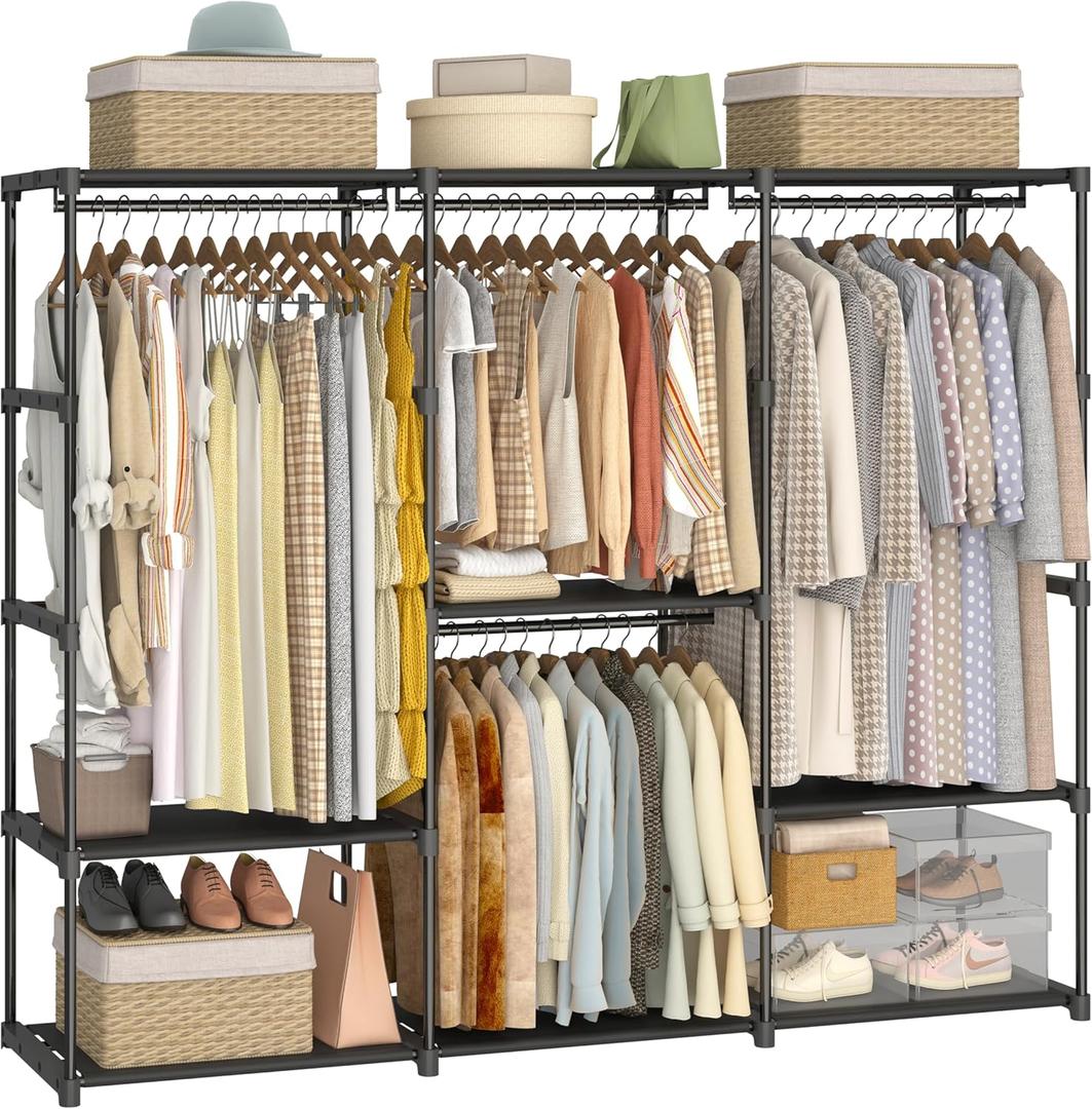 Portable Closet Wardrobe, 81 Inch Wide Clothing Storage Organizer with 9 Shelves and 4 Hanging Rods, Non-Woven Fabric Cover, Large Capacity for Bedroom, Cloakroom, Black (81"L x 17"W x 72"H)