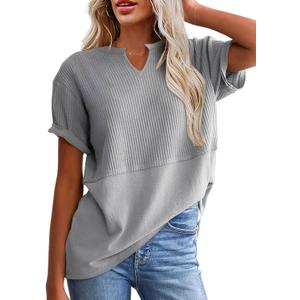 SHEWIN Womens Casual V Neck Waffle Knit Tops Short Sleeve T Shirts Loose Blouses (Gray, L)