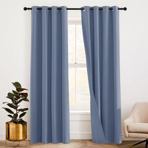 RYB HOME Thermal Curtains Soundproof - 3-in-1 Drapes Noise Barrier - 100% Blackout - Energy Efficient Window Curtains for Bedroom Nursery Home Theatre, 52 x 84 inch Long, Stone Blue, 2 Pcs