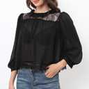 Womens Black Lace Inset Top Semi Sheer Blouse Ruffled Neckline 3/4 Sleeve Casual Shirt (Black, S)