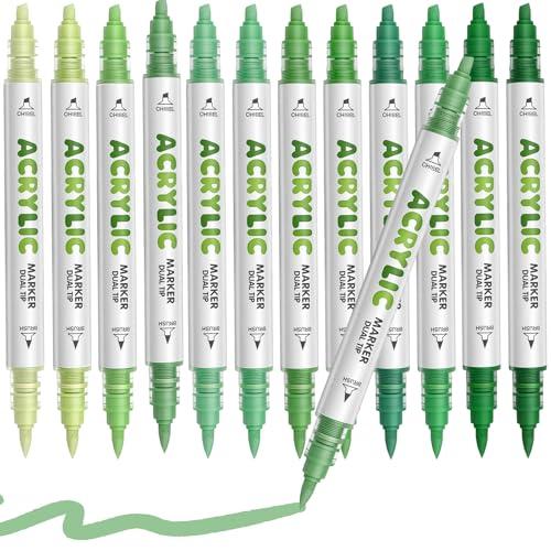 Green Acrylic Paint Pens, Water Based 12 Colors Dual Tip Acrylic Paint Markers for for Rock Painting Wood, Glass, Ceramic, Canvas, Fabric, Stone, DIY Crafts Making Art Supplies, St. Patrick's Day Gift