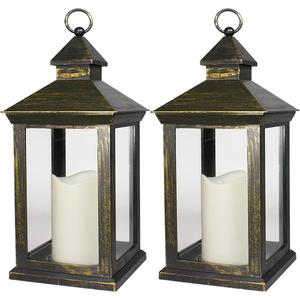2-PACK 14 Inch Vintage Decorative Candle Lanterns With Timer - IP44 Waterproof Distressed Gold Decorative Outdoor Lanterns Battery Powered - Hanging Decorative Lanterns For Wedding Indoors