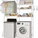 VEVOR Over The Washer and Dryer Storage Shelf, 6 Tier Laundry Room Drying Rack with Hanger Rod and Hooks, Adjustable Over Washer and Dryer Shelves, Laundry Room Shelf Storage Space Saver, White